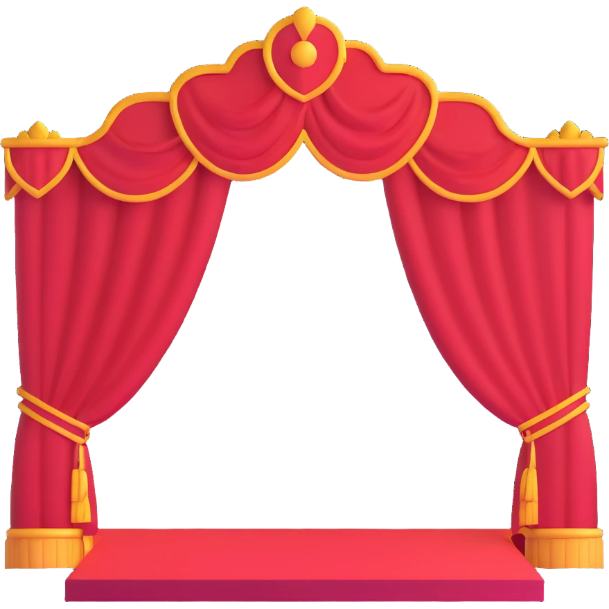 elegant theater stage with red velvet curtains open, wooden floor, and central spotlight emoji