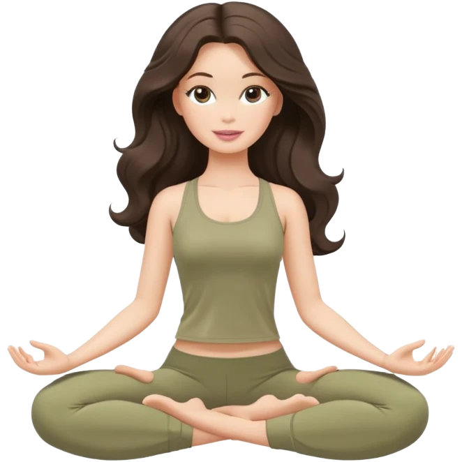 A white Barbie girl with long dark brown wave hair in a pale olive clothes doing yoga emoji