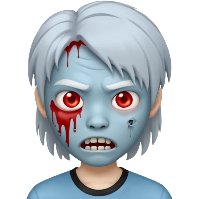 Create a 3D emoji-style avatar with very pale blue-grey zombie skin like the reference image, a young Asian face, and large eyes with blood tears. Give it white mullet-style hair, silver hoop earrings, and a plain black T-shirt. The face expression should be slightly angry, wwhite vampire teeth emoji