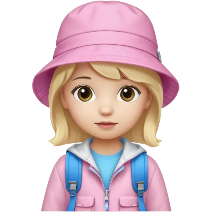A little girl student white skin, blonde hair, with pink bucket hat, white jacket, blue backpack emoji