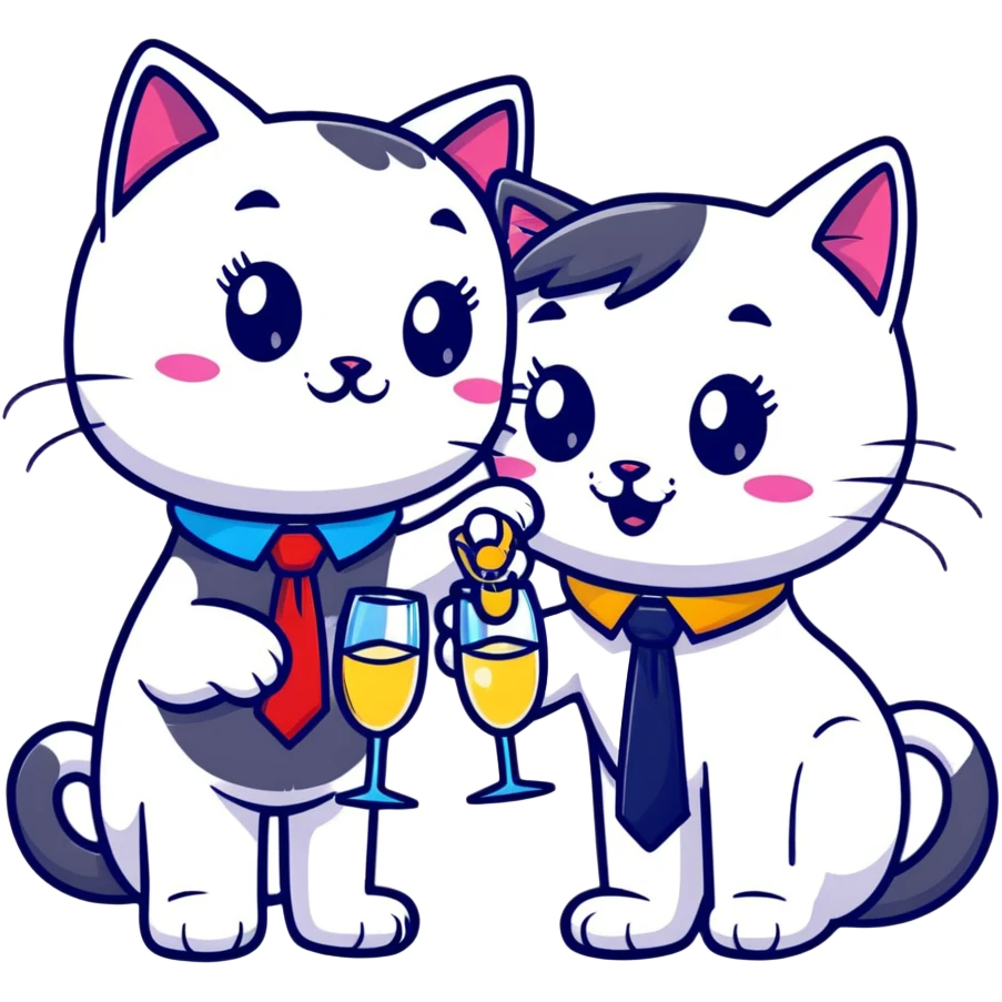happy girl cat with eyelashes wearing a colorful necktie and happy boy cat wearing a professional necktie clinking champagne glasses together in celebration, both with cheerful expressions emoji