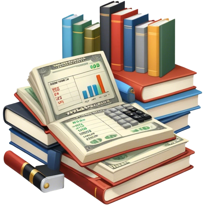 Icon for Business Reading: an open book with graphs, numbers, percentages, formulas, and text on the pages, next to a stack of books, a pile of dollars, a calculator and business magazines like Forbes. Transparent background. emoji