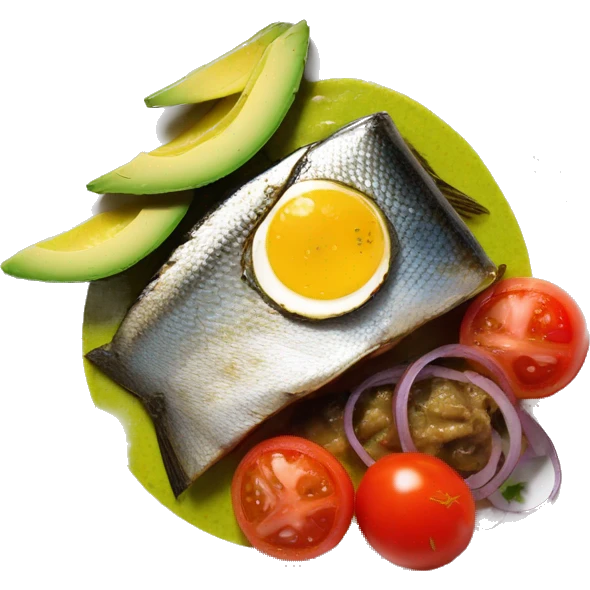 Canned sardines (more than three visible sardines) with avocado, red onions and tomato breakfast entree on plate emoji