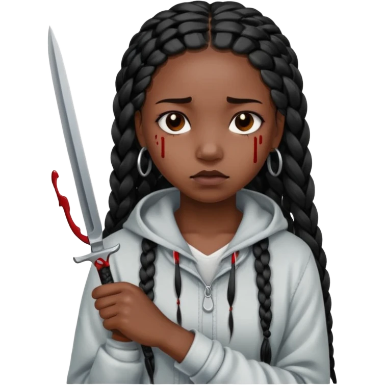 black girl with long black box braids cutting her wrists with a small blade and bleeding from it, her expression peaceful but sad emoji