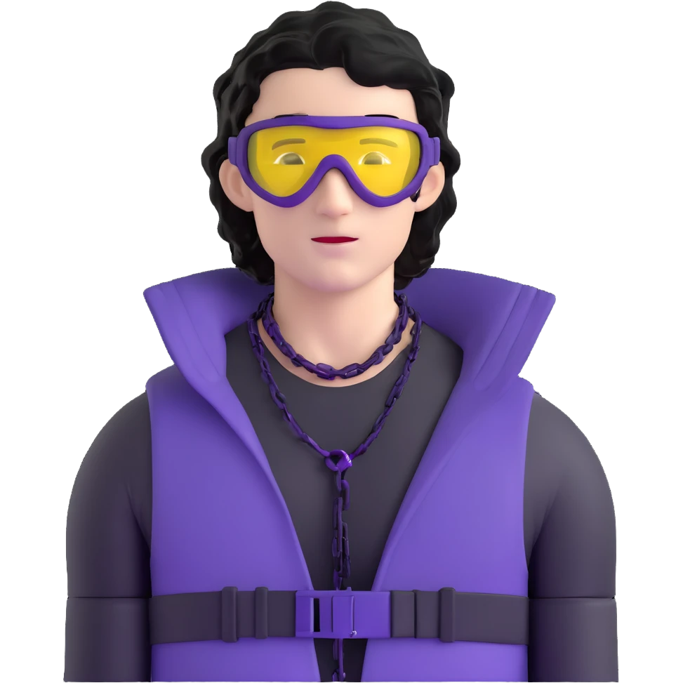 male athlete with white skin and moderately curly black hair on top with shaved sides, wearing ski goggles with purple frames and very dark black lenses, a simple plain black chain necklace, and an open shiny purple vest showing his chest and abs, no earrings emoji