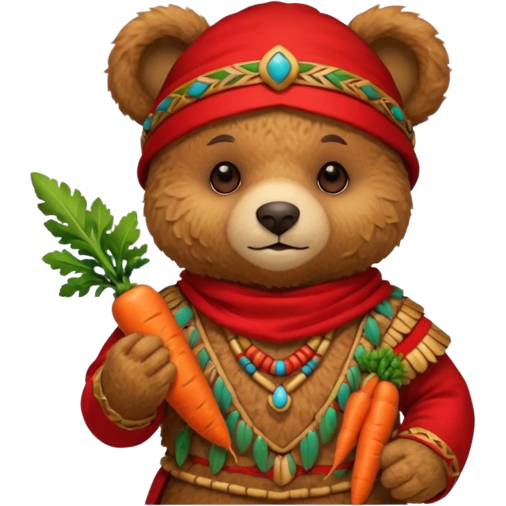 teddy bear Upper eat carrot , wearing red mayan ancient custome, half body emoji