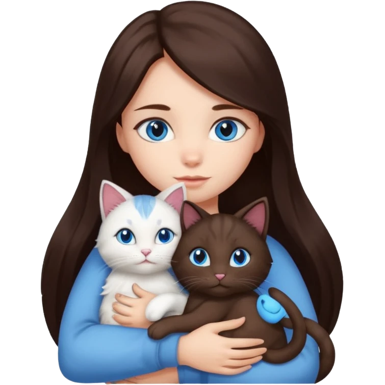 a girl with long dark 
brown hair, with blue eyes, hugs 3 different natural coloured cats emoji
