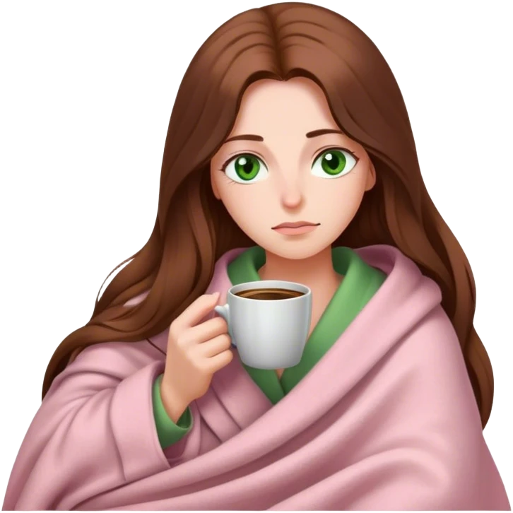 woman with very long brown hair and green eyes in a light pink blanket sleepy with coffee emoji