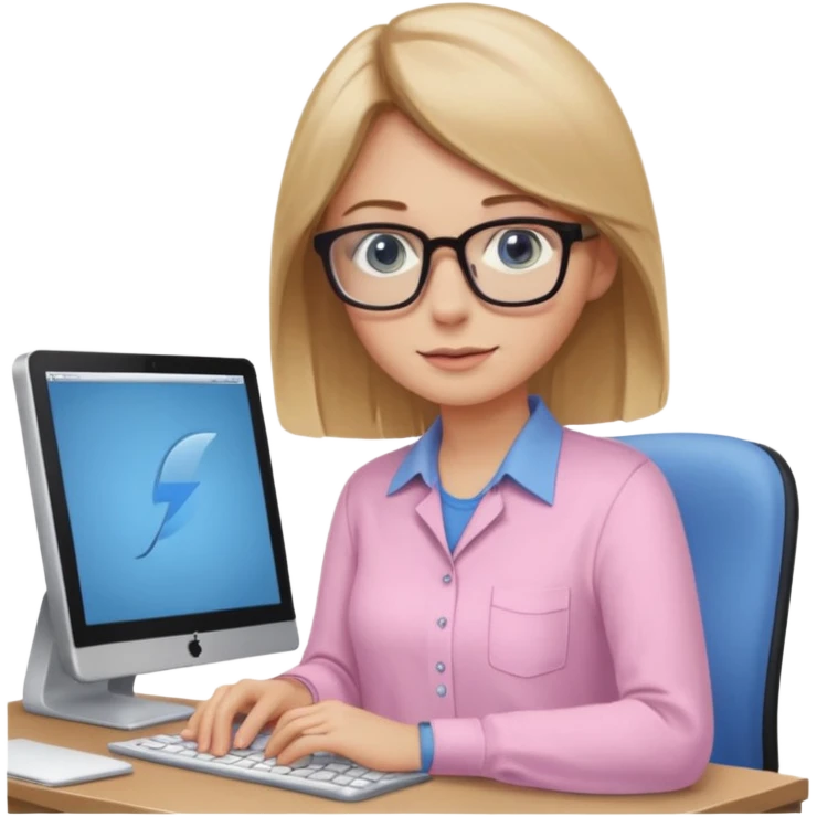 redattrice editoriale. Bionda, capelli lisci biondo scuro, lunghezza media. Occhi blu con occhiali. è al pc a lavorare. Indossa una camicia rosa chiaro emoji
