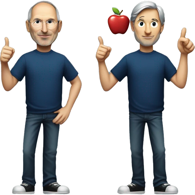 Steve Jobs, wearing a dark blue t-shirt, with his hand raised giving a thumbs up, Steve Jobs with rich details, identical, on the dark blue t-shirt an apple symbol, great quality, emoji grabbing from the torso up emoji