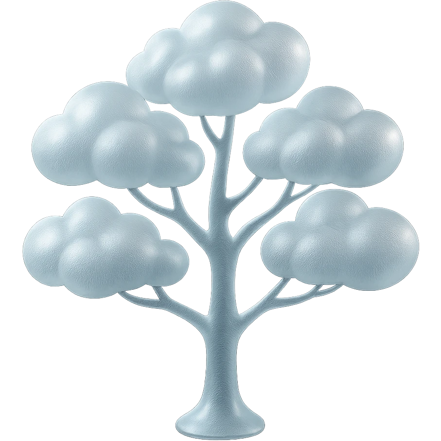 one tree with many branches and a white trunk, crown made of small very bright white fluffy convex clouds, matte glass style emoji