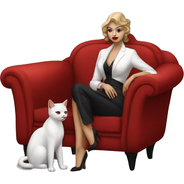 a woman cosplaying don corleone as a mafia boss sitting on a red chair petting a white cat on his lap emoji
