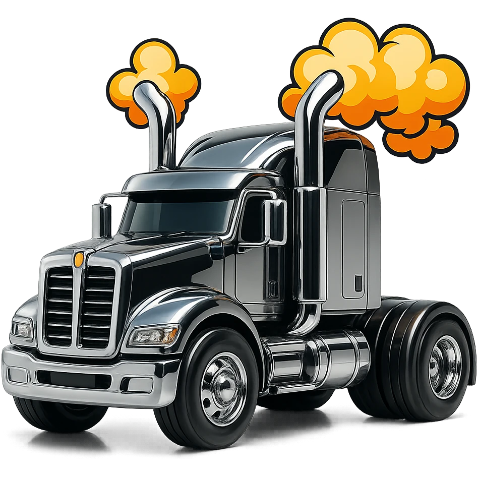 Add bold cartoon smoke coming out of the chrome stacks of the black Kenworth W680 truck rolling down the road. Emphasize big wheels, fun proportions, and a sense of speed with a transparent background. emoji
