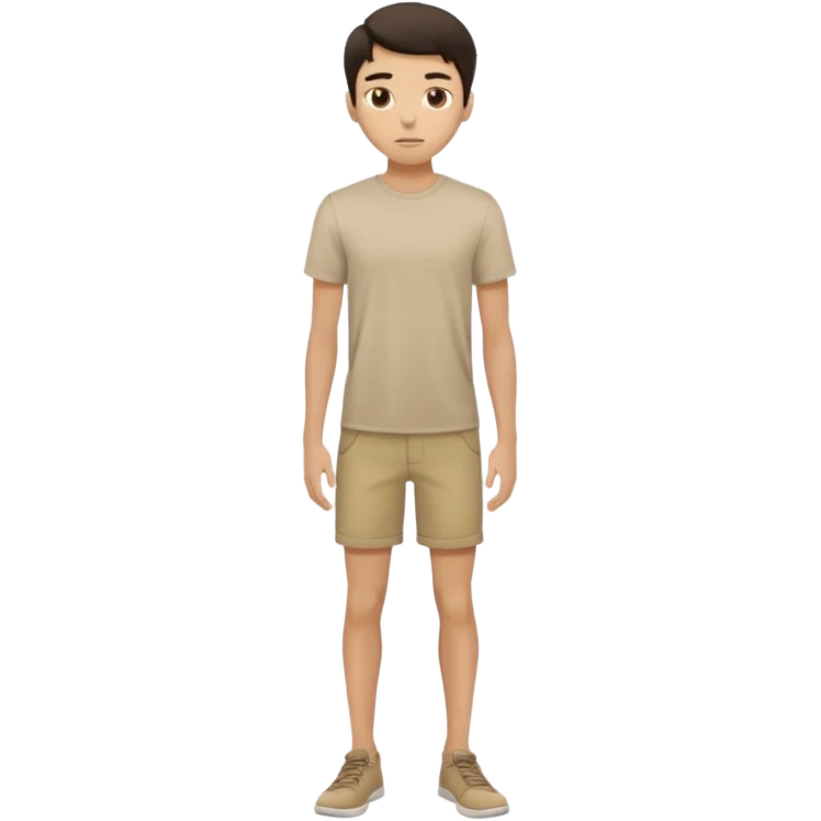 rapaz magro cabelo escuro, camiseta bege e  bermuda bege escuro, em pé de corpo inteiro  emoji