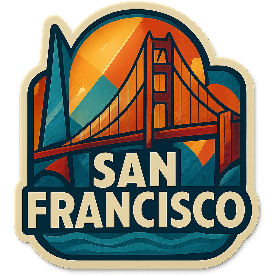 San Francisco logo in retro art deco style, featuring iconic elements like the Golden Gate Bridge, geometric shapes, and bold lines, with a vintage color palette emoji