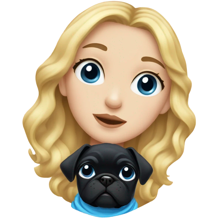 Girl with wavy blonde hair and blue eyes, kissing a black pug emoji