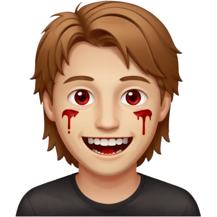 парень с русыми волосами средней длины; белая кожа; белые глаза; открытая улыбка, где на зубах кровь;  emoji