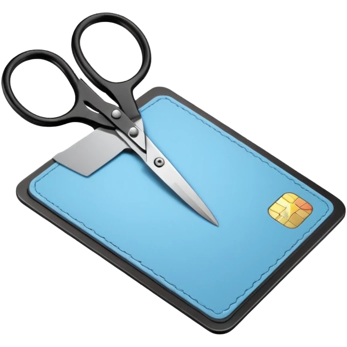 Floating black Scissors cutting a light blue military ID card in 2 parts .hyper realistic emoji