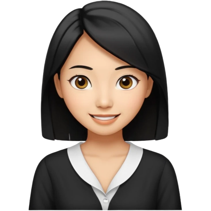 30 yr old asian woman center parted hair big eyes big smile tanned skin straight black hair hippie part hair white blouse shoulder length hair emoji
