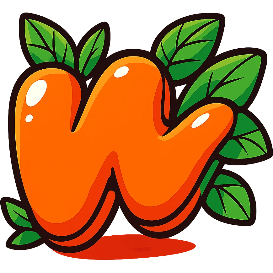 plump vibrant Wattpad logo 'w' in cartoon style, bold outline, expressive shadows, glossy highlights, decorated with bright leaves around the logo, no background, vibrant toon style emoji