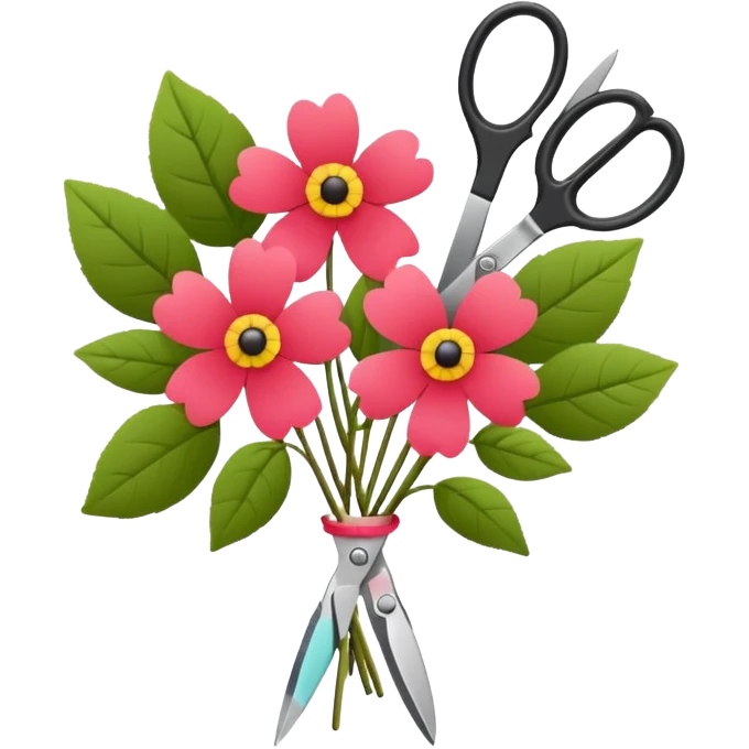 Minimalistic flat vector icon, iOS style, thin black contour on white background. Flower bouquet with leaves and scissors. No text, no shadows. emoji