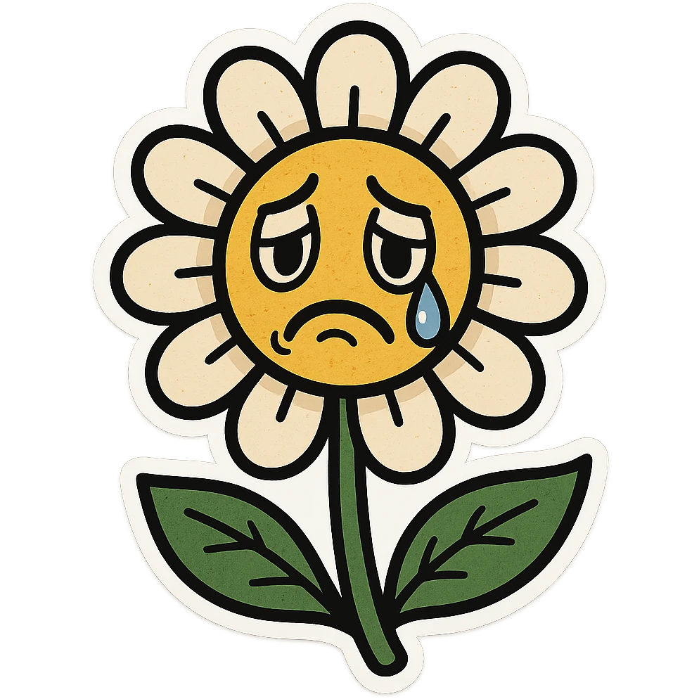 Make the sad flower have a teardrop in the style of cartoonish stickers emoji