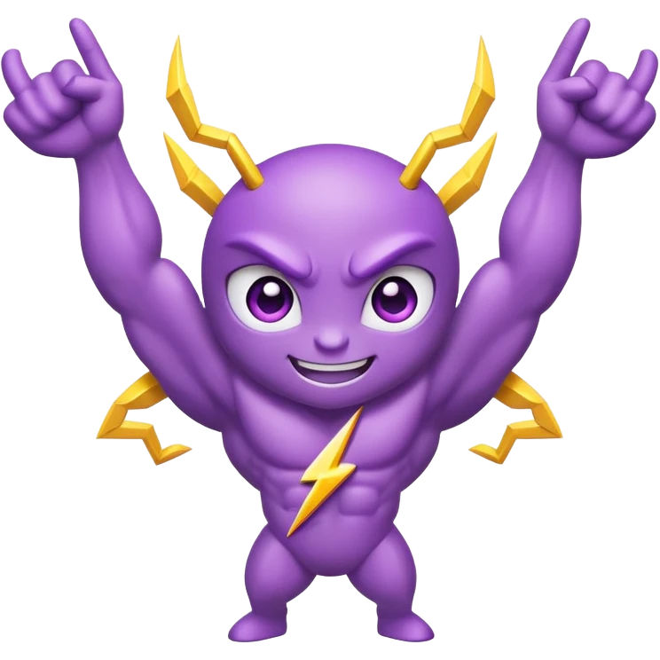 cute purple bug with confident narrowed eyes, strong flexing muscular arms, a fun happy smiling expression, and electric lightning bolt arms emoji
