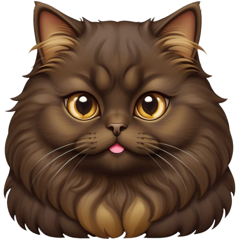 Cinematic Adorable Big-Eyed Fluffy Dark Brown Persian Cat Portrait Emoji, Head tilted playfully with a sweet expression, fluffy dark brown fur with rich caramel and gold undertones, Simplified yet irresistibly cute features with large, expressive eyes, highly detailed, glowing with a warm and gentle glow, high shine, a mix of affectionate and curious, stylized with a touch of whimsy, bright and full of charm, soft glowing outline, capturing the essence of a fluffy, loving kitty with oversized eyes, so endearing it feels like it could leap out of the screen and cuddle with you instantly! emoji