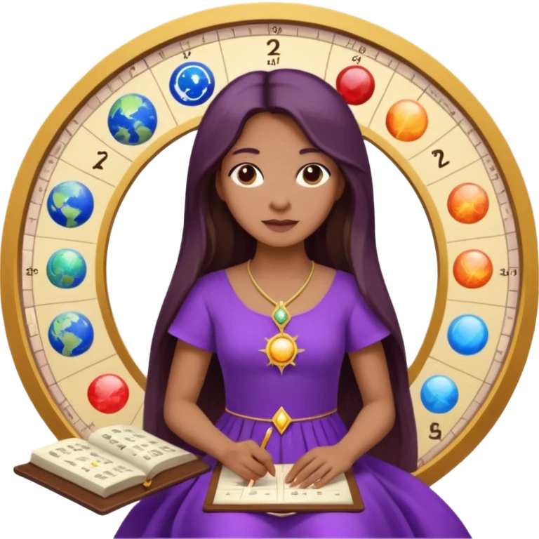 A woman astrologer wearing purple dress and long haircalculating her birth chart  emoji