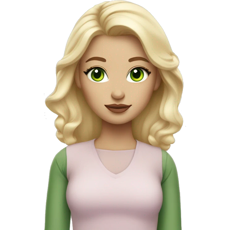 blonde with green eyes, natural makeup and pastel shades in clothes emoji