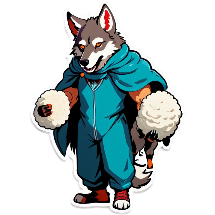 the whole body of a wolf with a human body in its hand, with sheep's masks in its hands emoji