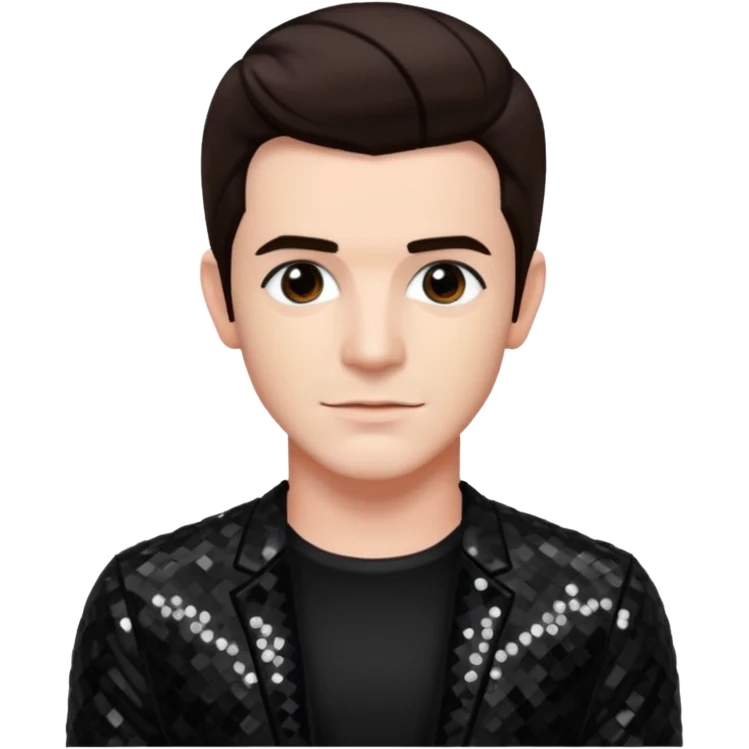 Drake Bell with dark brown hair, black sequin outfit emoji