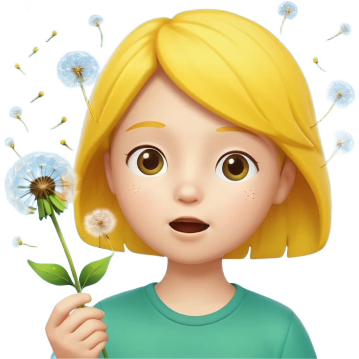 A 3D cartoon child blowing on a dandelion, seeds flying in the air, sunny garden background, realistic Memoji-style. emoji
