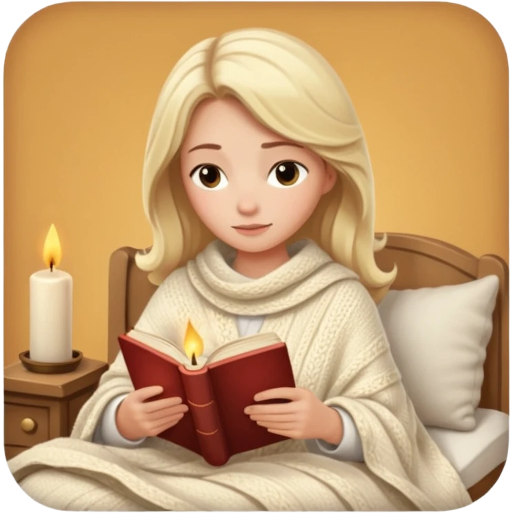 Cozy blonde girl reading book with blanket and candle emoji