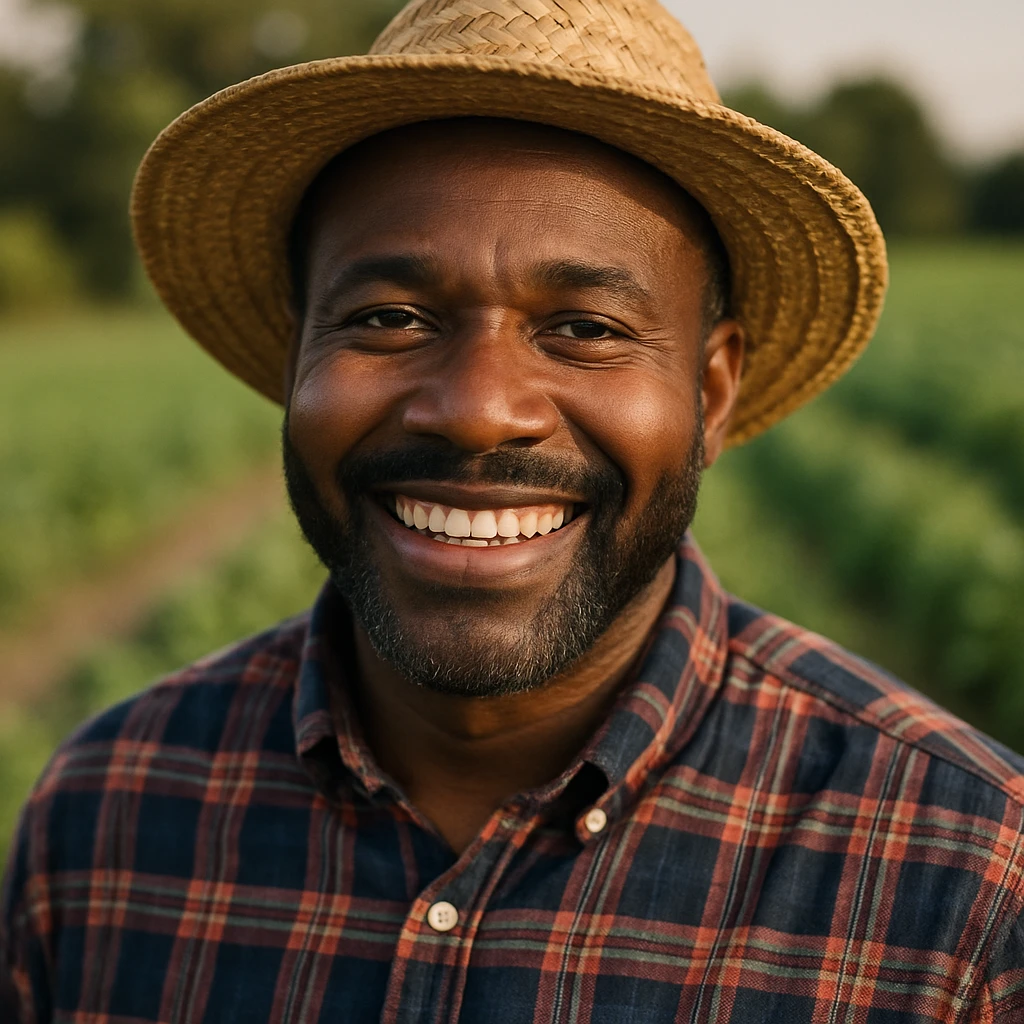Black man farmer, close-up portrait, smiling, wearing a plaid shirt and straw hat, outdoors emoji