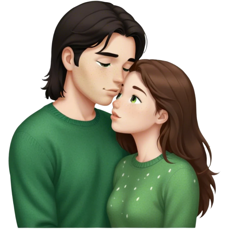 Young guy with black slightly long hair kissing a young woman with brown hair and  green sweater and only the woman has very light freckles with the emoji made so there is no part that is cut off emoji