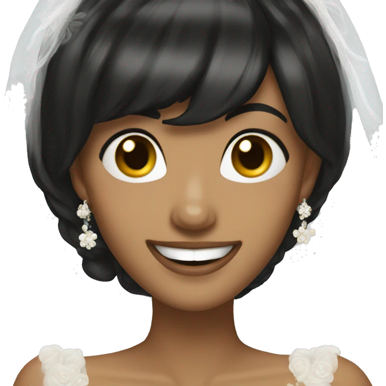 bride with dark bob bangs and laughing emoji