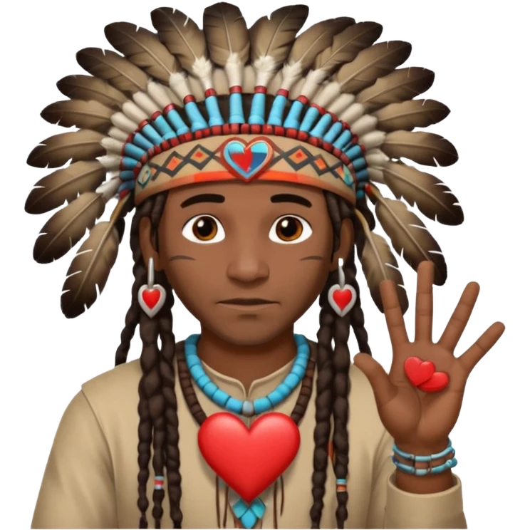 Black American man dark brown with dreads with a American Indian headdress with doing heart me emoji