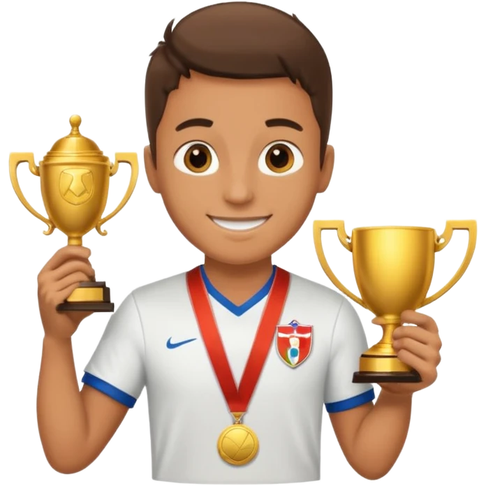 happy soccer player with a first-place medal and a trophy emoji