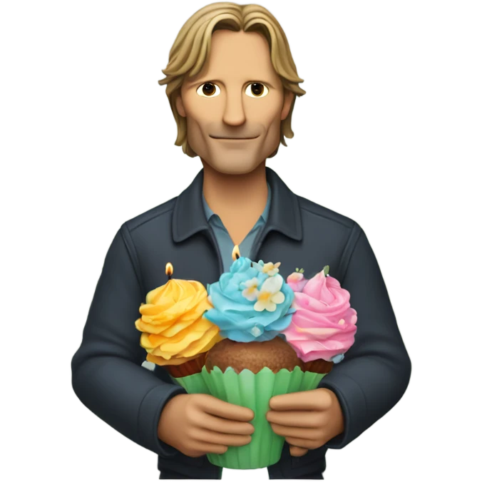 Viggo Mortenson holding a bunch of flowers and a cupcake with a birthday candle in it emoji