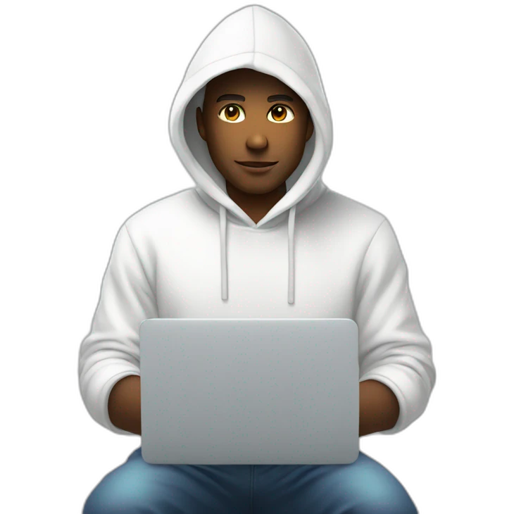 developer using white hoodie at computer iridescent light emoji
