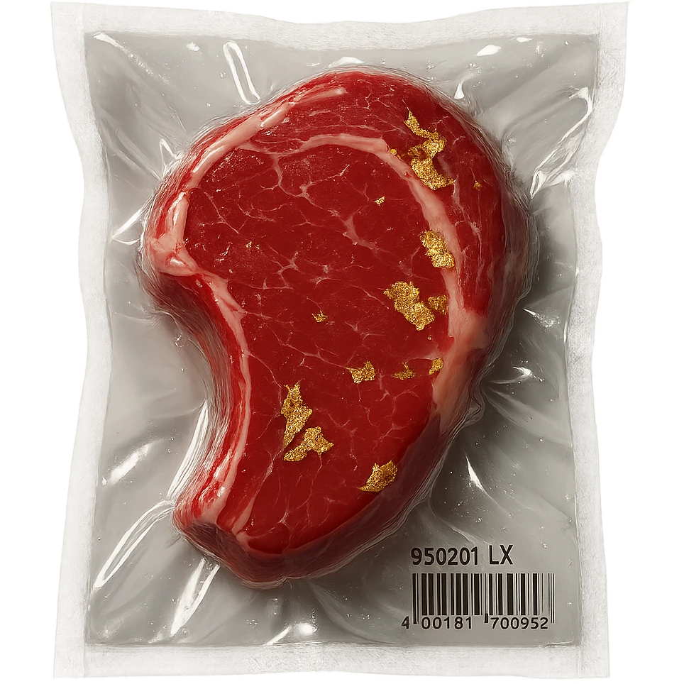 steak with gold leaf accents, glossy and inflated emoji