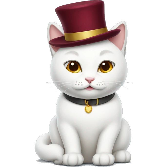 
white cat with a New Year's burgundy hat on his head and a collar emoji