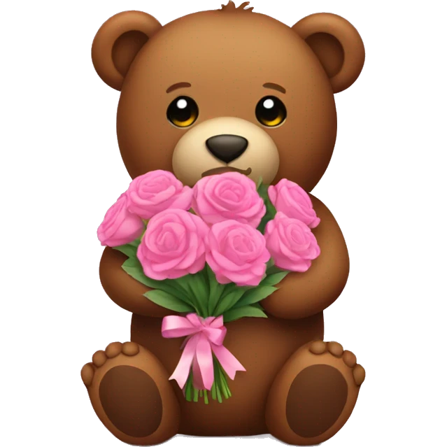 brown teddy bear with pink bouquet emoji