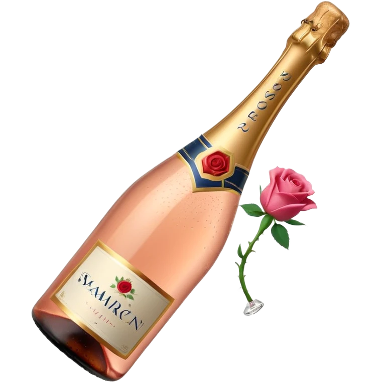bottle of sparkling rosé champagne with a rose logo on the label, with the cork popping out from the top, tilted up and to the left, no glass emoji