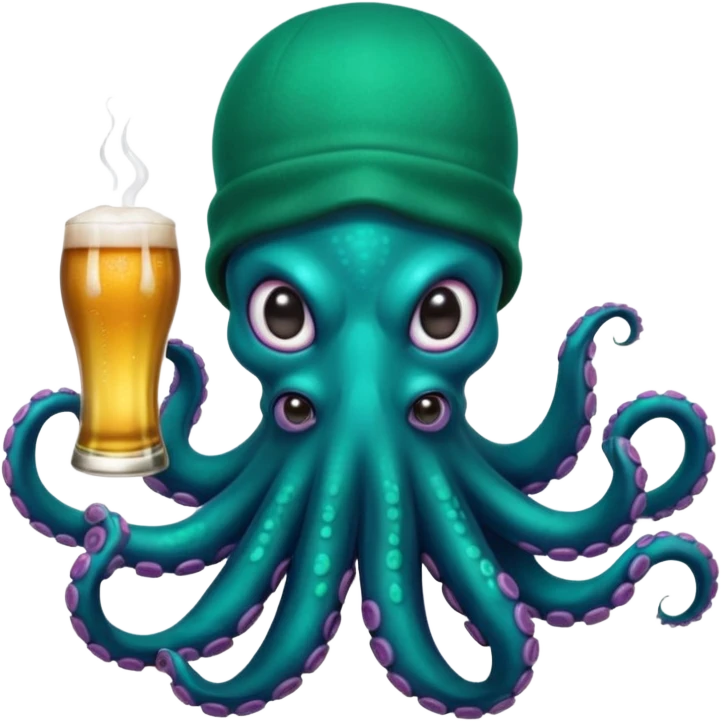 Epic octopus with an iridescent green base layer coloring and pearl black secondary layer of color, with teal neon colored suction cups under the tentacles. Octopus is wearing balaclava, a backwards hat, is holding 2 beers, and has a white teardrop face tattoo emoji