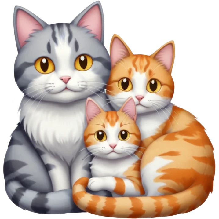 big grey and white cat cuddling a colourful light patched calico + white tabby cat emoji