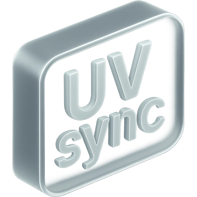 3D glassy sign with 'uv sync' text, shiny and futuristic emoji