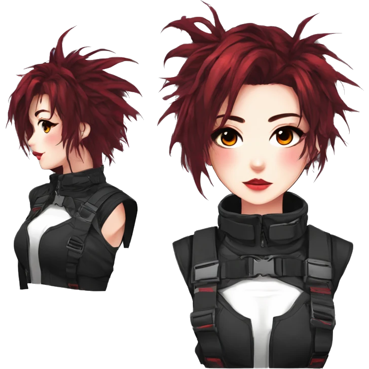 Gorgeous techwear anime style lady with blushing face aesthetic and pretty edgy black red punk messy hair with collar and harness trending style emoji