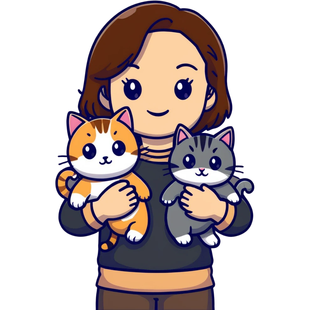 tan brown-haired girl holding two cats, one black cat and one grey-striped cat emoji